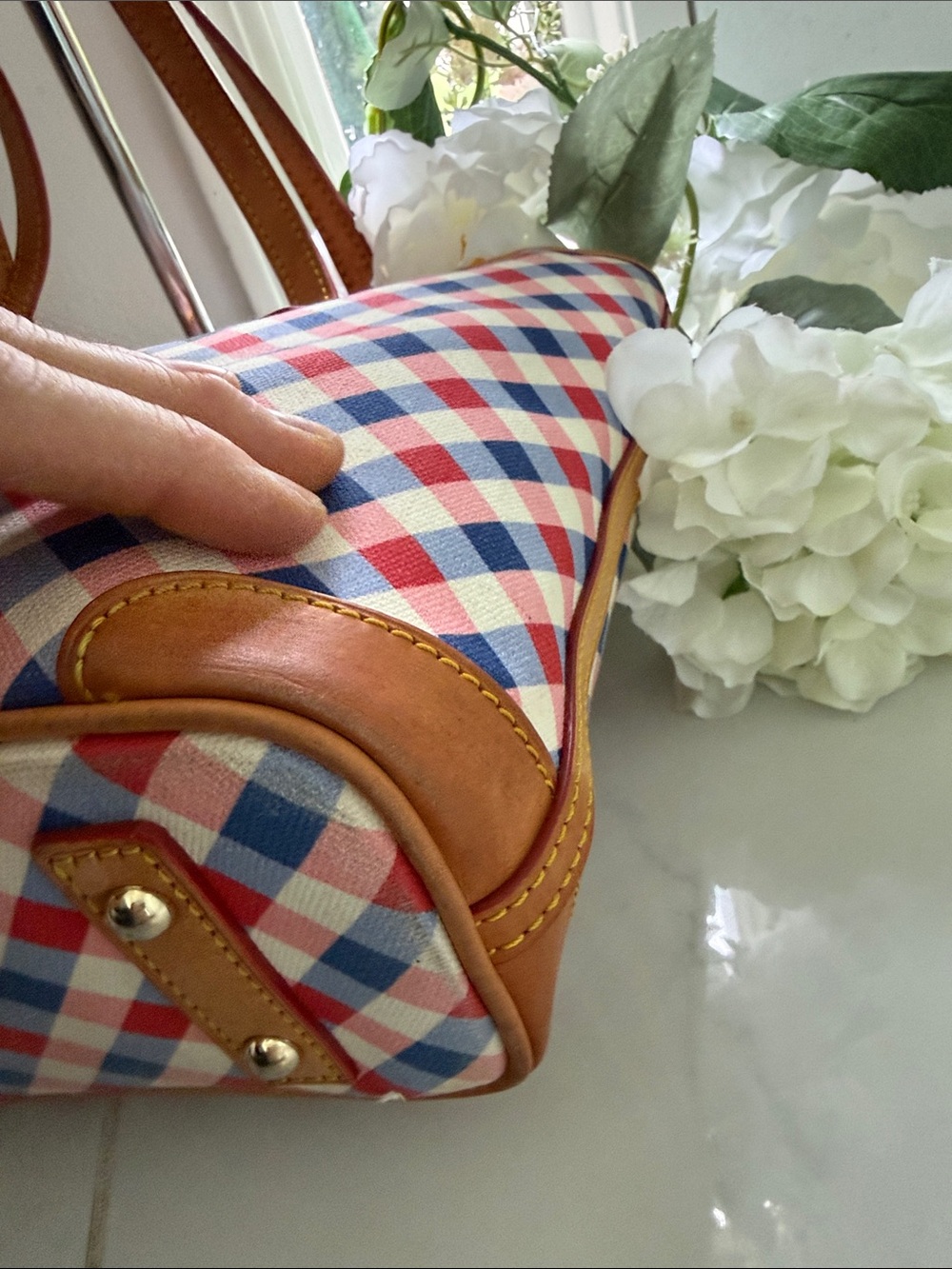 Dooney & Bourke Red Navy Check Tote with Tan Leather Trim - Picture 8 of 17
